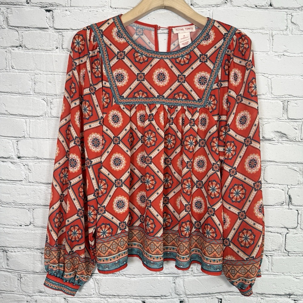 Flying Tomato Boho Popover Tunic Geometric Print Peasant Top M Long Sleeve